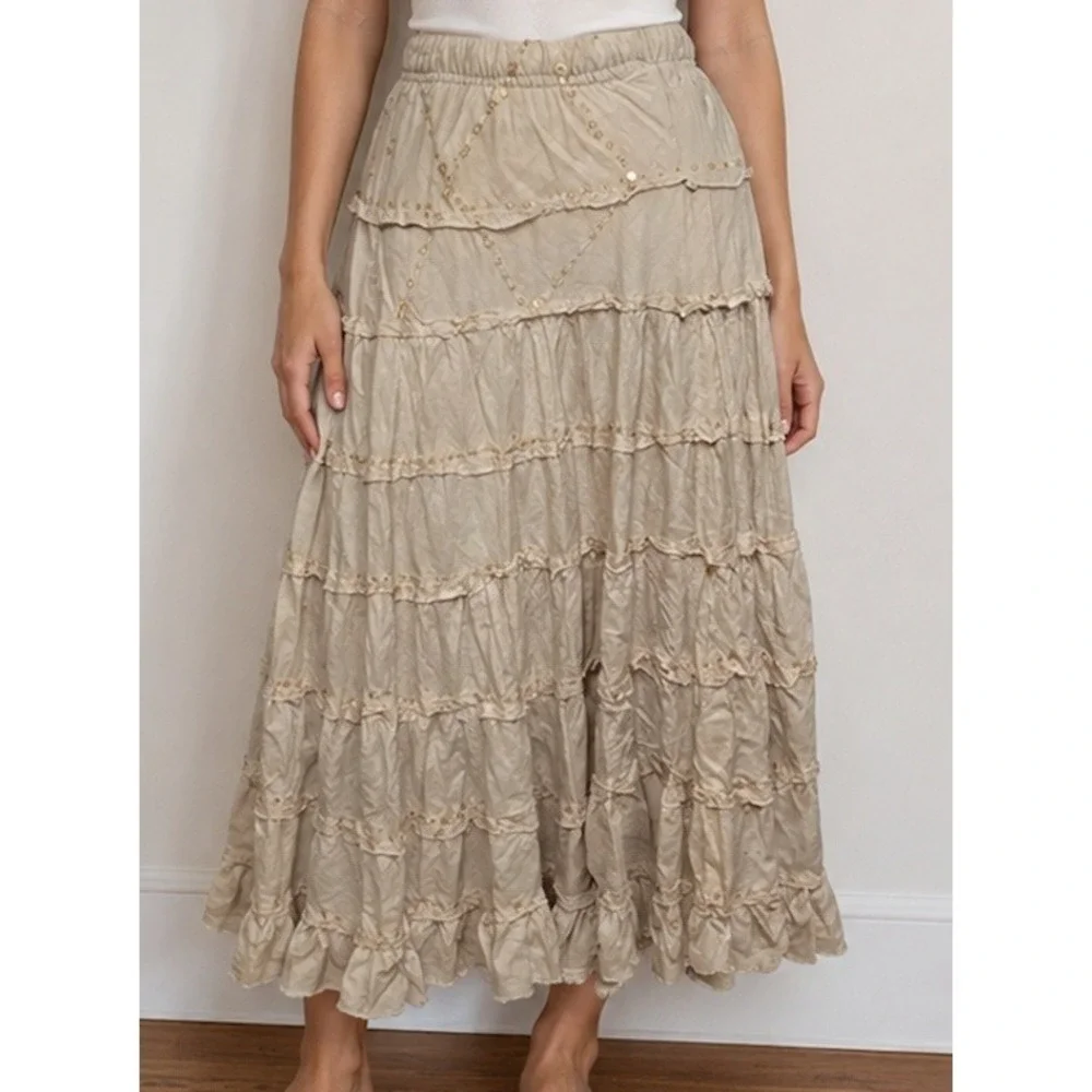 Boho Tiered Sequin Maxi Skirt Beige Ruffle Elastic‎ Waist Festival Fairy Chic